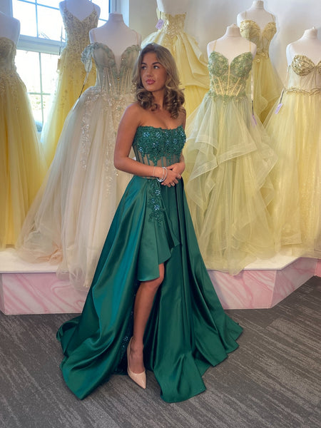 Strapless High Low Green Lace Long Prom Dresses, Green Lace Formal Dresses, Green Evening Dresses SP3477