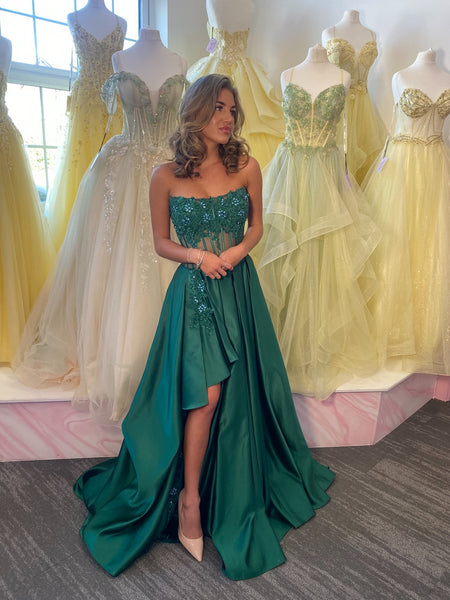 Strapless High Low Green Lace Long Prom Dresses, Green Lace Formal Dresses, Green Evening Dresses SP3477