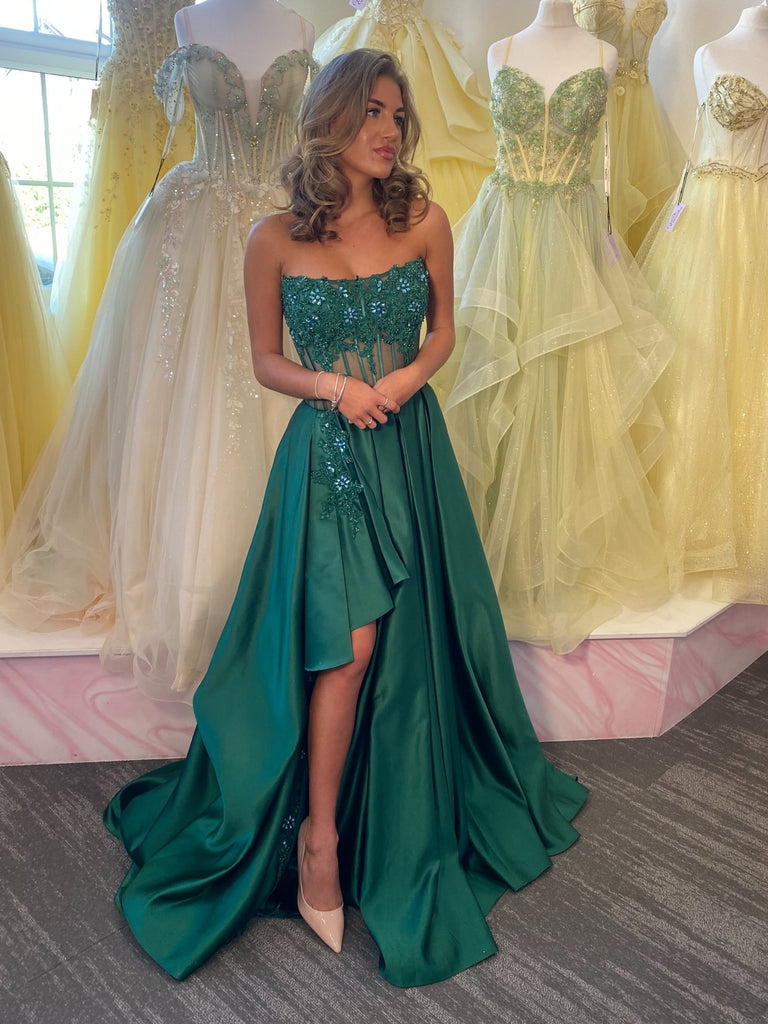 Strapless High Low Green Lace Long Prom Dresses, Green Lace Formal Dresses, Green Evening Dresses SP3477