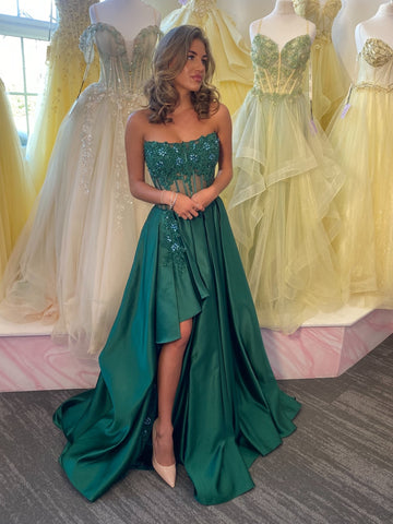 Strapless High Low Green Lace Long Prom Dresses, Green Lace Formal Dresses, Green Evening Dresses SP3477