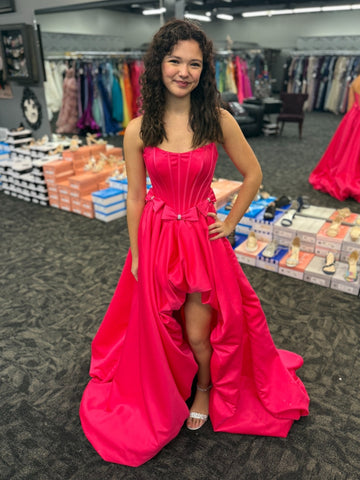 Strapless High Low Hot Pink Satin Long Prom Dresses, Long Hot Pink Formal Graduation Evening Dresses SP3349