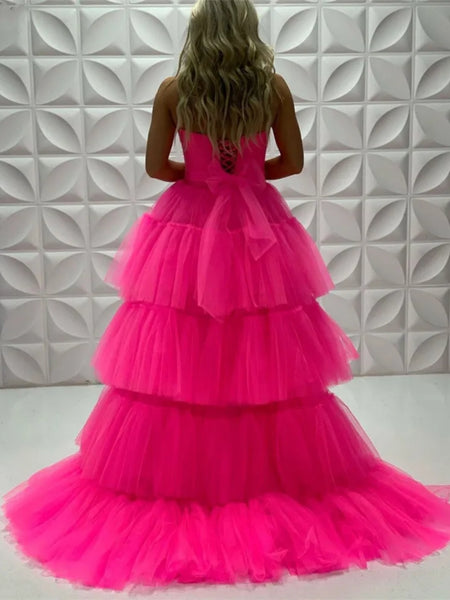Strapless High Low Hot Pink Tulle Long Prom Dresses, High Low Hot Pink Formal Dresses, Hot Pink Evening Dresses SP2896