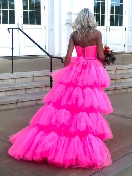 Strapless High Low Hot Pink Tulle Long Prom Dresses, High Low Hot Pink Formal Dresses with Train, Hot Pink Evening Dresses SP2955