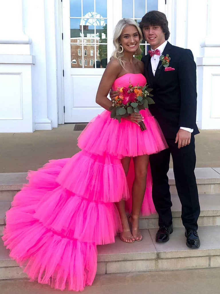 Strapless High Low Hot Pink Tulle Long Prom Dresses, High Low Hot Pink Formal Dresses with Train, Hot Pink Evening Dresses SP2955 Strapless High Low Hot Pink Tulle Long Prom Dresses, High Low Hot Pink Formal Dresses with Train, Hot Pink Evening Dresses SP2955