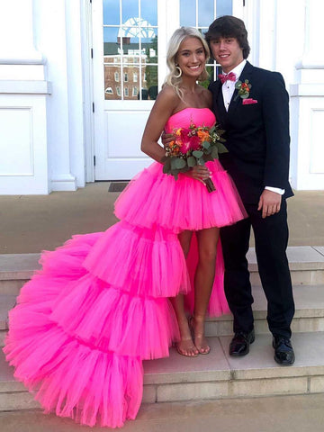 Strapless High Low Hot Pink Tulle Long Prom Dresses, High Low Hot Pink Formal Dresses with Train, Hot Pink Evening Dresses SP2955