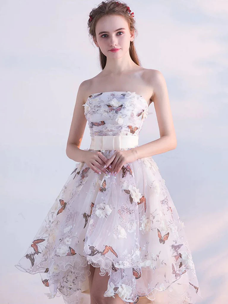 Strapless High Low Lace Prom Dresses with Appliques, High Low Homecomi Shiny Party Strapless High Low Lace Prom Dresses with Appliques, High Low Homecomi Shiny Party