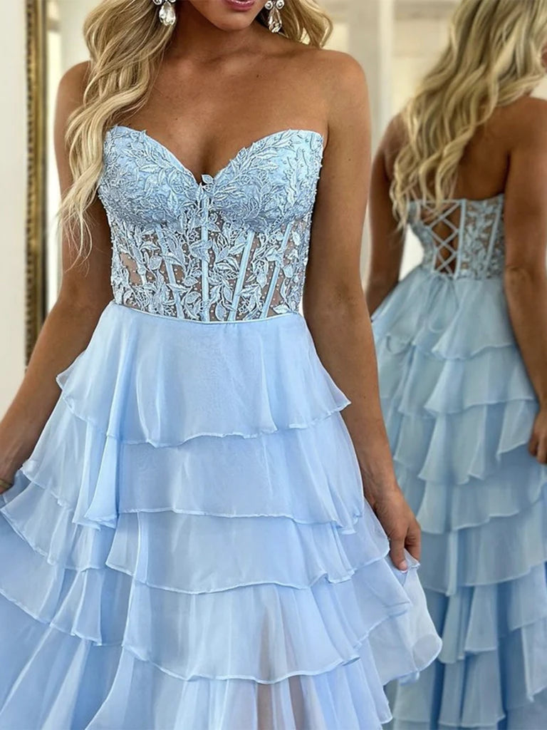 Strapless High Low Light Blue Lace Layered Long Prom Dresses, Blue Lac