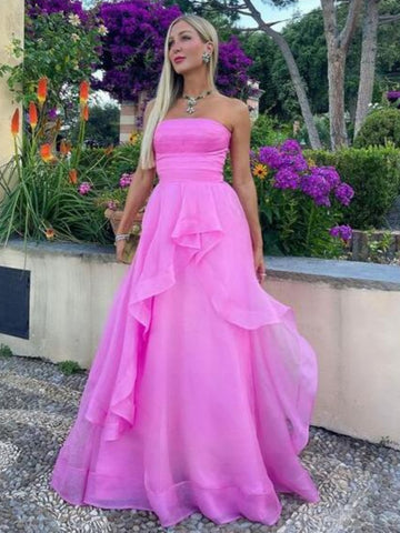 Strapless High Low Pink Tulle Long Prom Dresses, Long Pink Formal Graduation Evening Dresses SP2875