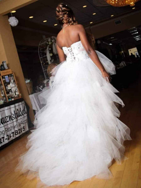 Strapless High Low White Lace Long Prom Dresses, White Lace Formal Dresses, White Evening Dresses SP3080