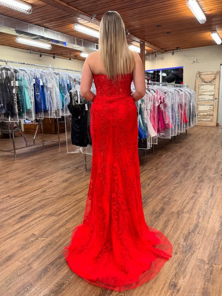 Strapless High Slit Red Lace Long Prom Dresses, Red Lace Formal Graduation Evening Dresses SP2126