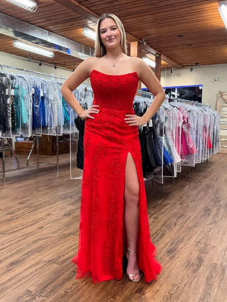 Strapless High Slit Red Lace Long Prom Dresses, Red Lace Formal Graduation Evening Dresses SP2126