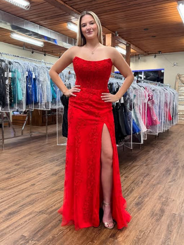 Strapless High Slit Red Lace Long Prom Dresses, Red Lace Formal Graduation Evening Dresses SP2126