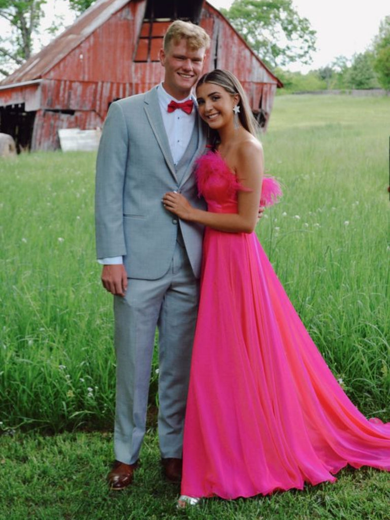 Strapless Hot Pink Feather Tulle Long Prom Dresses, Long Hot Pink Formal Graduation Evening Dresses SP2907 Strapless Hot Pink Feather Tulle Long Prom Dresses, Long Hot Pink Formal Graduation Evening Dresses SP2907