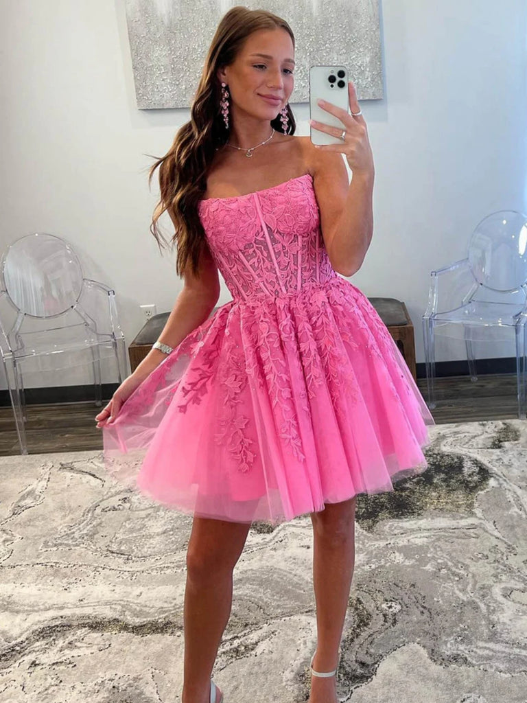 Strapless Hot Pink Lace Prom Dresses, Hot Pink Lace Homecoming Dresses Shiny Party Strapless Hot Pink Lace Prom Dresses, Hot Pink Lace Homecoming Dresses Shiny Party