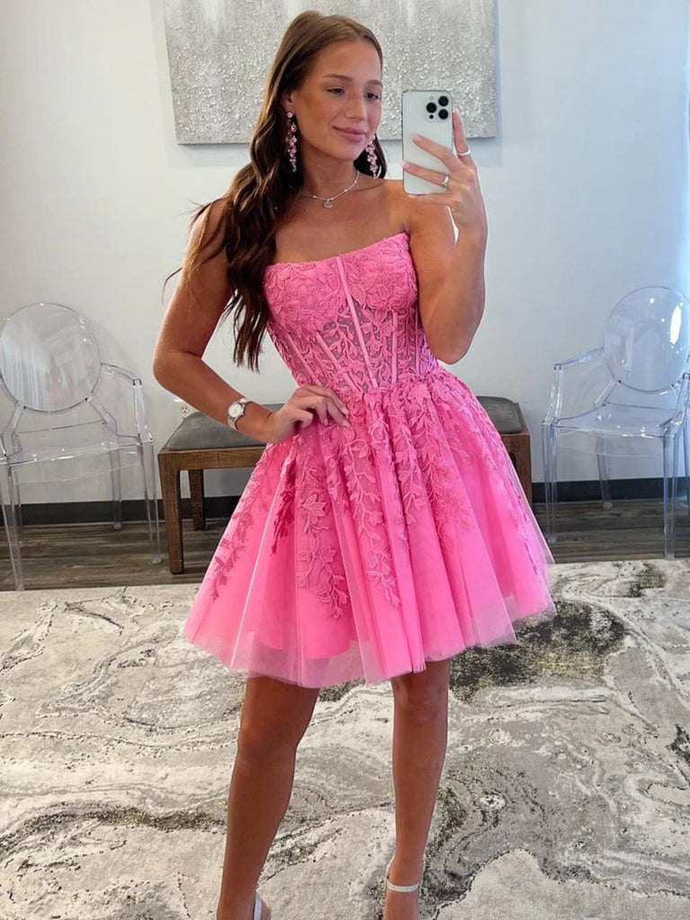 Strapless Hot Pink Lace Prom Dresses, Hot Pink Lace Homecoming Dresses Shiny Party Strapless Hot Pink Lace Prom Dresses, Hot Pink Lace Homecoming Dresses Shiny Party