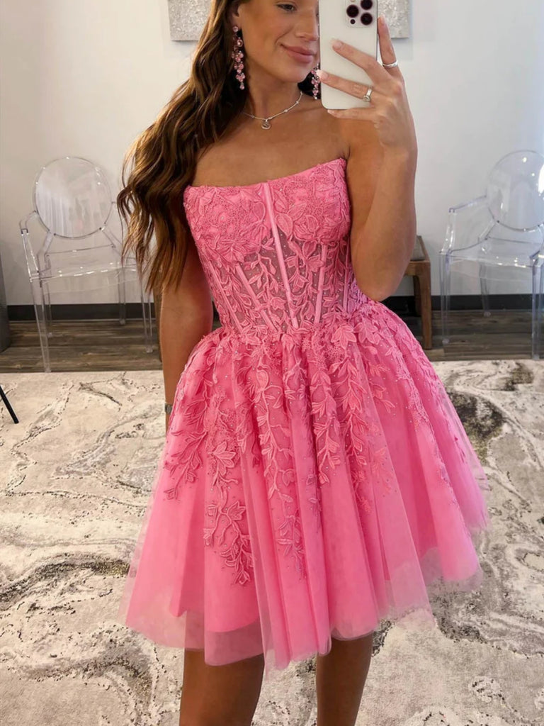 Strapless Hot Pink Lace Prom Dresses, Hot Pink Lace Homecoming Dresses Shiny Party Strapless Hot Pink Lace Prom Dresses, Hot Pink Lace Homecoming Dresses Shiny Party
