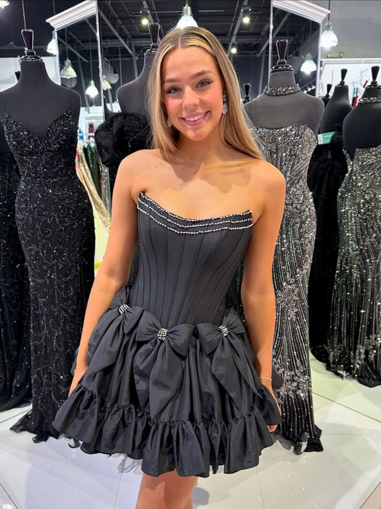 Strapless Layered Black Satin Short Prom Dresses with Beadings, Short Shiny Party Strapless Layered Black Satin Short Prom Dresses with Beadings, Short Shiny Party