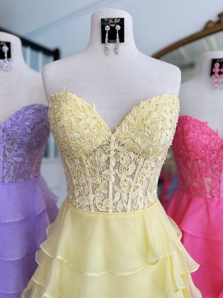 Strapless Layered Chiffon Lilac/Yellow/Hot Pink Short Prom Dresses, Lilac/Yellow/Hot Pink Homecoming Dresses SP3012