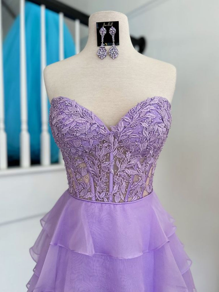 hot pink short homecoming dresses Strapless Layered Chiffon Lilac/Yellow/Hot Pink Short Prom Dresses, Li – Shiny Party