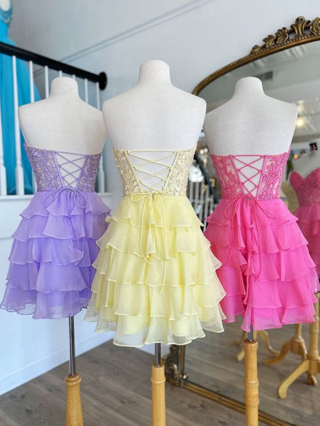 Strapless Layered Chiffon Lilac/Yellow/Hot Pink Short Prom Dresses, Lilac/Yellow/Hot Pink Homecoming Dresses SP3012