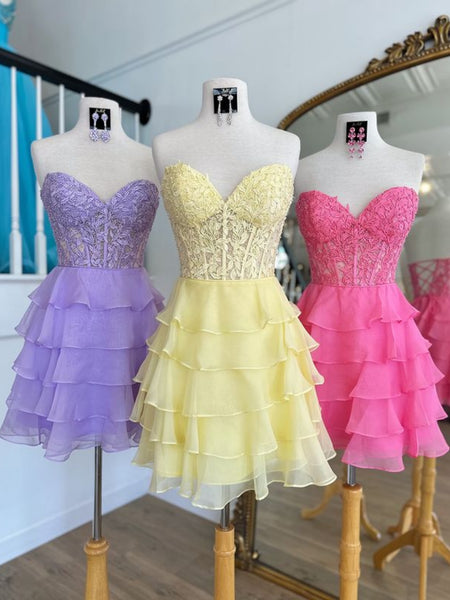 Strapless Layered Chiffon Lilac/Yellow/Hot Pink Short Prom Dresses, Lilac/Yellow/Hot Pink Homecoming Dresses SP3012