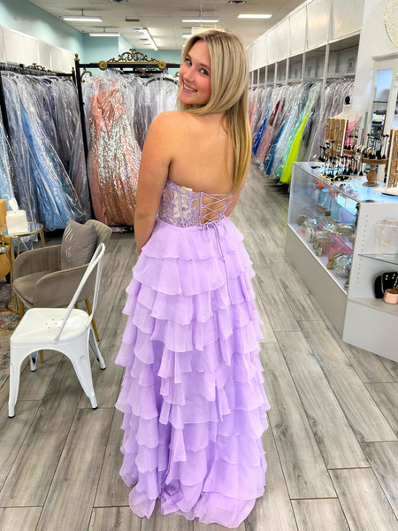 Strapless Layered High Slit Lilac Lace Long Prom Dresses, Lilac Lace Formal Dresses, Purple Evening Dresses SP3132