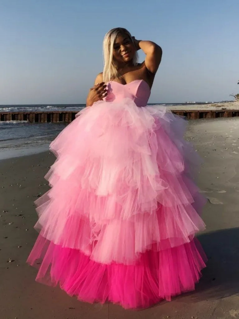 Strapless Layered Pink Tulle Long Prom Dresses, Fluffy Pink Formal Evening Dresses, Pink Ball Gown SP2887