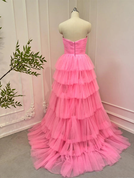 Strapless Layered Pink Tulle Long Prom Dresses, Strapless Pink Formal Graduation Evening Dresses SP3065