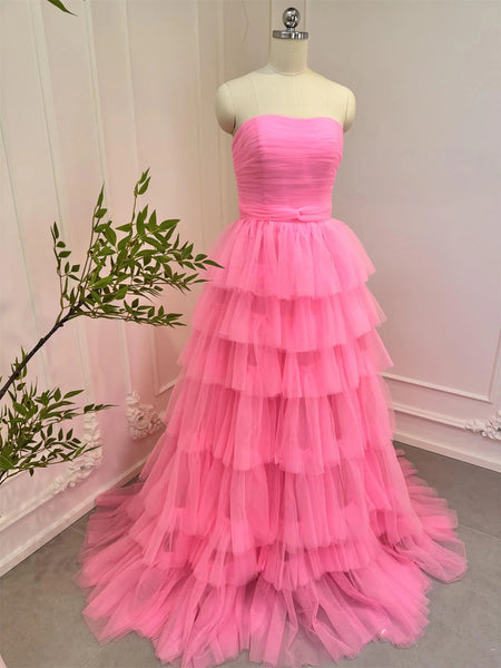 Strapless Layered Pink Tulle Long Prom Dresses, Strapless Pink Formal Graduation Evening Dresses SP3065