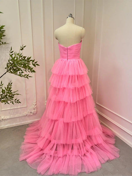 Strapless Layered Pink Tulle Long Prom Dresses, Strapless Pink Formal Graduation Evening Dresses SP3065