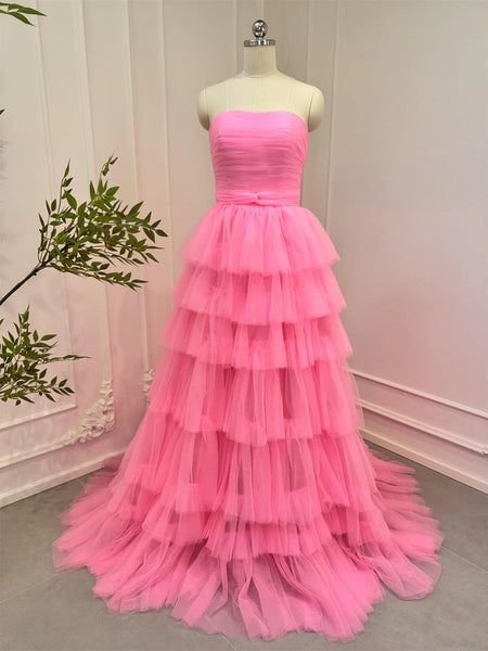 Strapless Layered Pink Tulle Long Prom Dresses, Strapless Pink Formal Graduation Evening Dresses SP3065