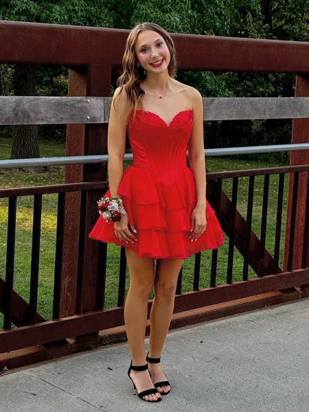Strapless Layered Red Lace Short Prom Dresses, Red Lace Homecoming Dresses SP3475