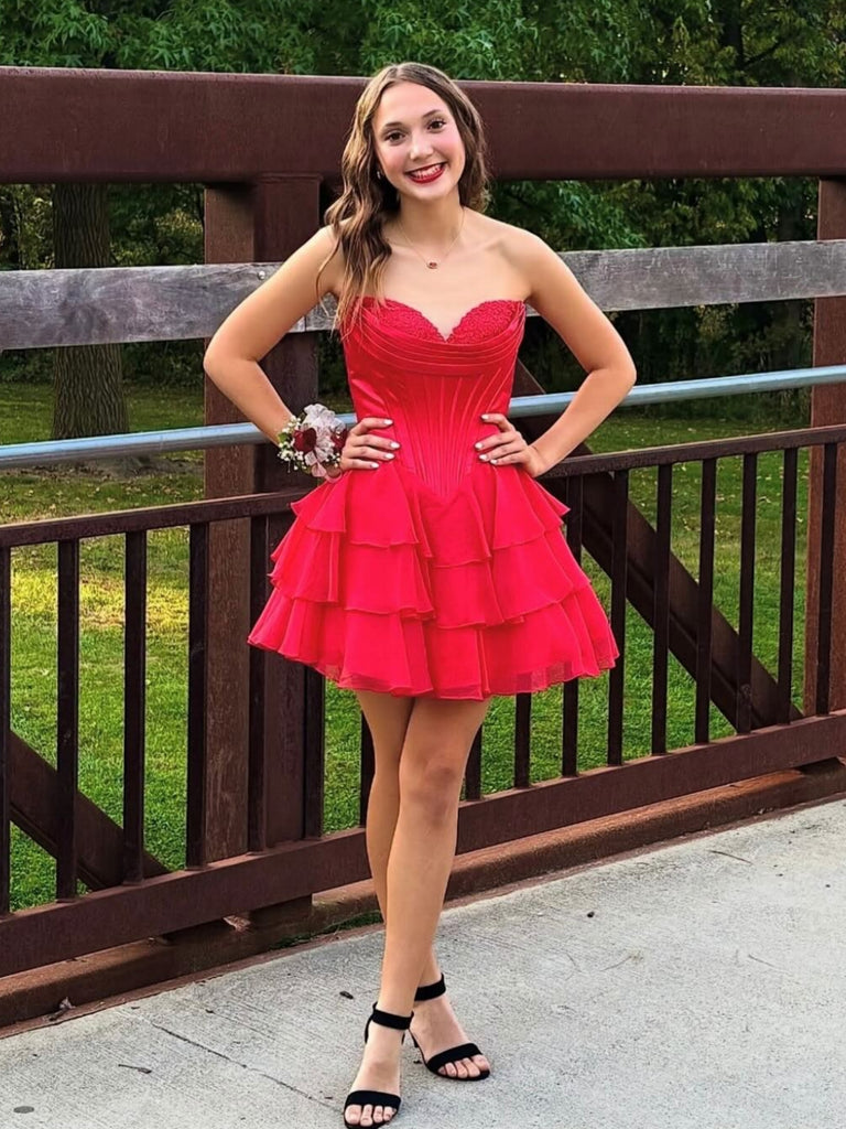 Strapless Layered Red Lace Short Prom Dresses, Red Lace Homecoming Dresses SP3475
