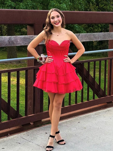 Strapless Layered Red Lace Short Prom Dresses, Red Lace Homecoming Dresses SP3475