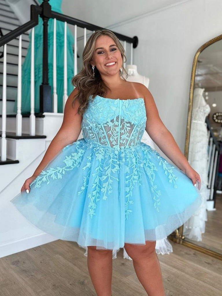Strapless Light Blue Lace Short Prom Dresses, Light Blue Lace Homecomi Shiny Party Strapless Light Blue Lace Short Prom Dresses, Light Blue Lace Homecomi Shiny Party