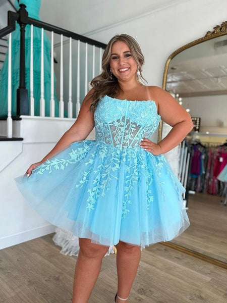 Strapless Light Blue Lace Short Prom Dresses, Light Blue Lace Homecoming Dresses SP3016