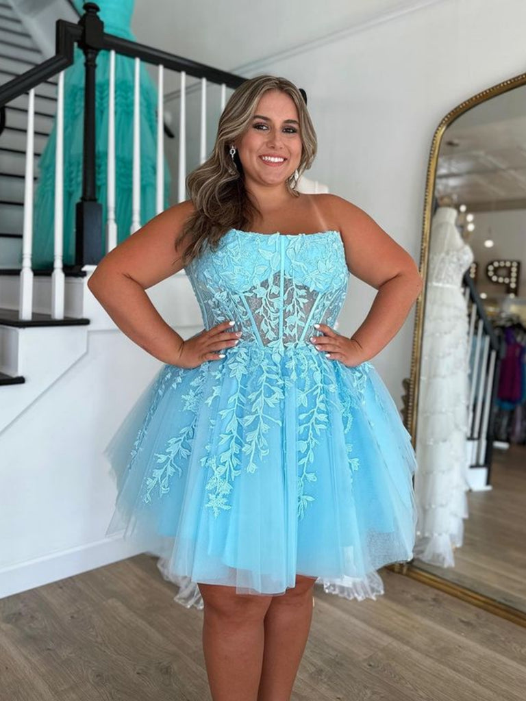 Strapless Light Blue Lace Short Prom Dresses, Light Blue Lace Homecomi Shiny Party Strapless Light Blue Lace Short Prom Dresses, Light Blue Lace Homecomi Shiny Party