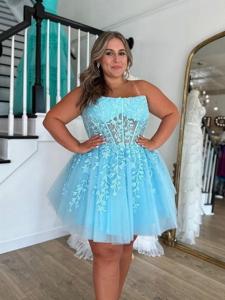 Strapless Light Blue Lace Short Prom Dresses, Light Blue Lace Homecomi Shiny Party Strapless Light Blue Lace Short Prom Dresses, Light Blue Lace Homecomi Shiny Party