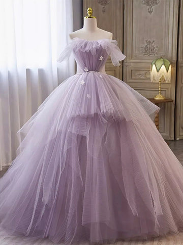 Strapless Lilac Tulle Long Prom Dresses with Pearls Belt, Lilac Formal Evening Dresses, Lilac Ball Gown with Appliques SP2810