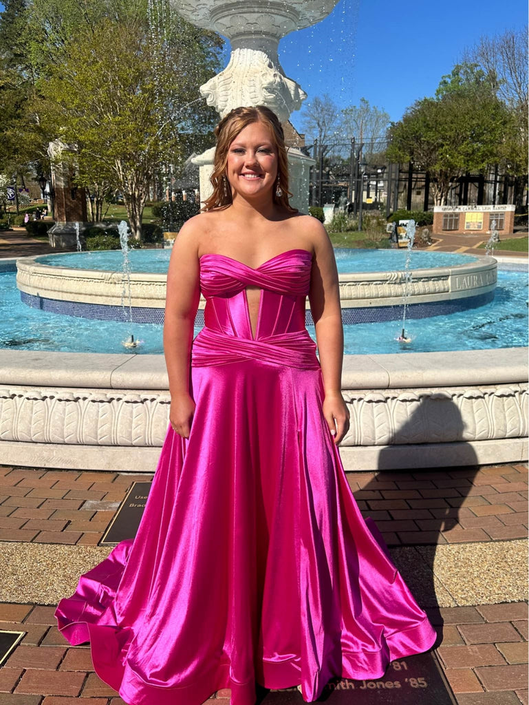 Strapless Magenta/Royal Blue Satin Long Prom Dresses with Train, Long Shiny Party Strapless Magenta/Royal Blue Satin Long Prom Dresses with Train, Long Shiny Party