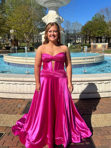 Strapless Magenta/Royal Blue Satin Long Prom Dresses with Train, Long Magenta/Royal Blue Formal Graduation Evening Dresses SP3093