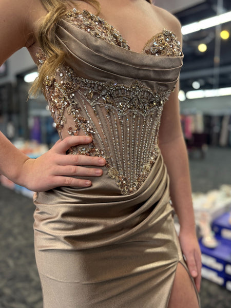 Strapless Mermaid Beaded Champagne Long Prom Dresses with High Slit, Mermaid Champagne Formal Dresses, Beaded Champagne Evening Dresses SP3426