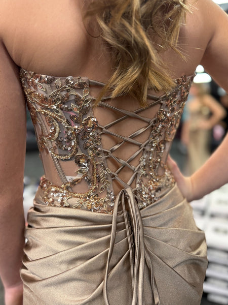 Strapless Mermaid Beaded Champagne Long Prom Dresses with High Slit, Mermaid Champagne Formal Dresses, Beaded Champagne Evening Dresses SP3426