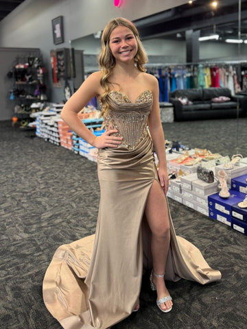 Strapless Mermaid Beaded Champagne Long Prom Dresses with High Slit, Mermaid Champagne Formal Dresses, Beaded Champagne Evening Dresses SP3426