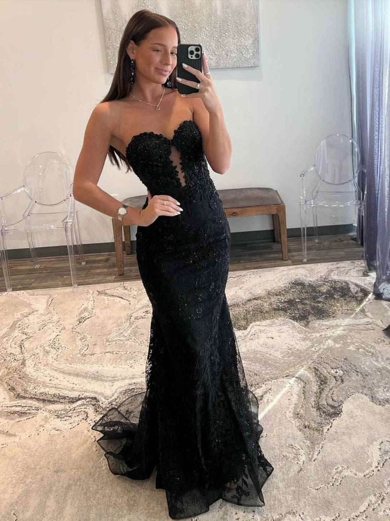 Strapless Mermaid Black Lace Long Prom Dresses, Mermaid Black Formal D Shiny Party Strapless Mermaid Black Lace Long Prom Dresses, Mermaid Black Formal D Shiny Party