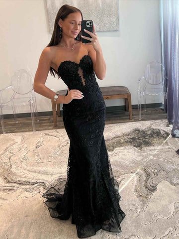 Mermaid Black Lace Long Prom Dresses, Strapless Black Lace Formal
