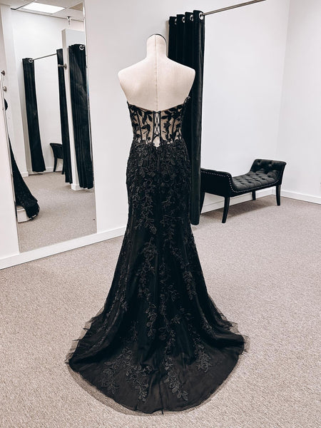 Strapless Mermaid Black Lace Long Prom Dresses with High Slit, Black Lace Formal Dresses, Black Evening Dresses SP2683