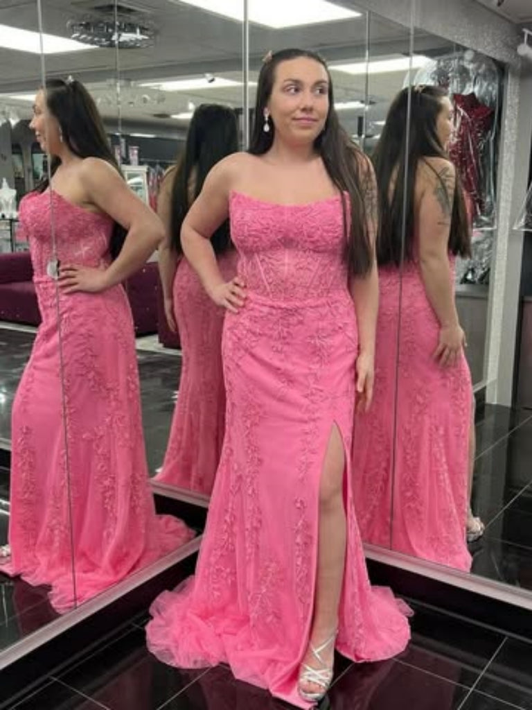 Strapless Mermaid Hot Pink Lace Long Prom Dresses with Slit, Hot Pink Lace Formal Dresses, Hot Pink Evening Dresses SP3304