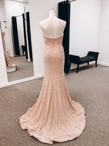 Strapless Mermaid Light Champagne Long Prom Dresses with High Slit, Mermaid Champagne Formal Dresses, Champagne Evening Dresses SP2695
