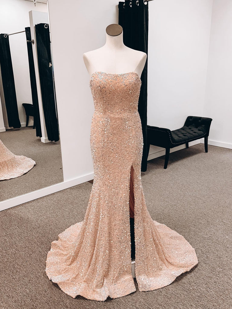 Strapless Mermaid Light Champagne Long Prom Dresses with High Slit, Me Shiny Party Strapless Mermaid Light Champagne Long Prom Dresses with High Slit, Me Shiny Party